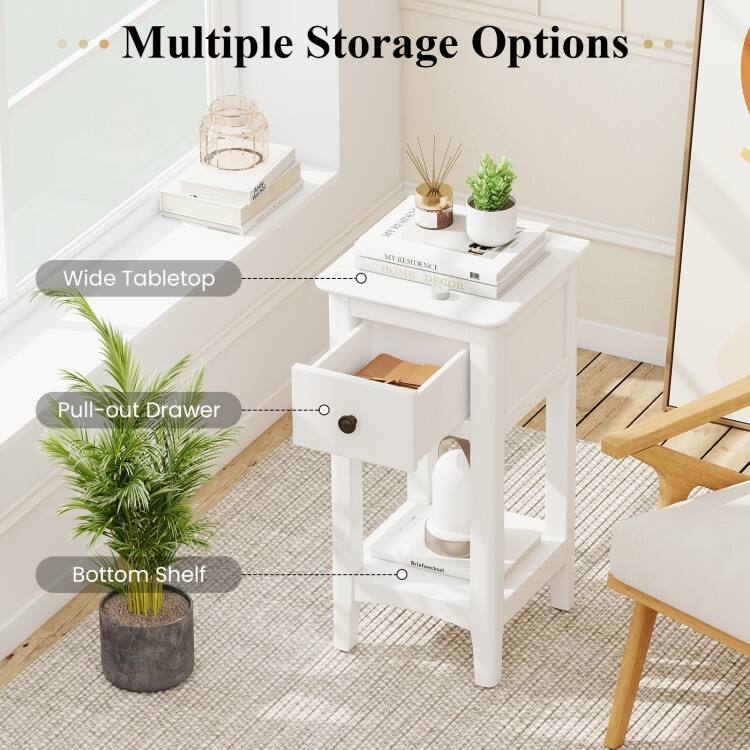 3 Tier Wooden Nightstand with Drawer and Shelf Solid Pine Side Table for Bedroom Living Room Compact End Table