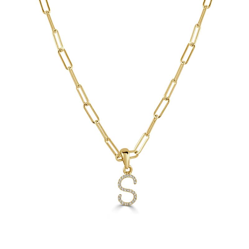Joelle Collection Diamond Initial Letter Necklace Paperclip 14K Gold 16-inch Chain 1/10 TDW Necklace - S - Yellow