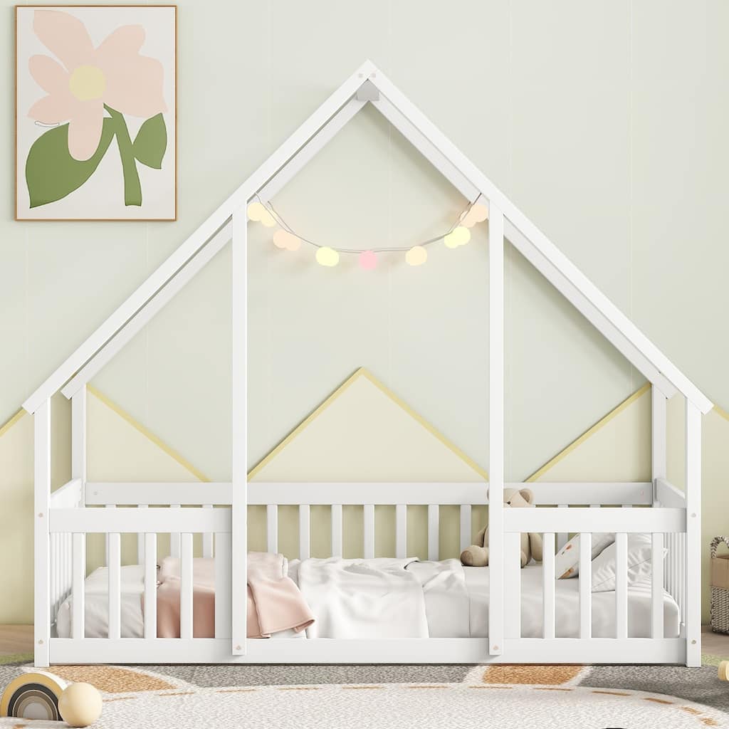 Twin Wood House-Shaped Floor Bed with Fence, Guardrails, White
