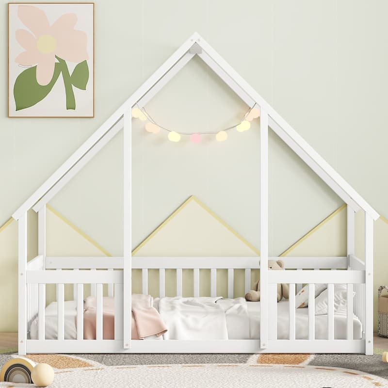 White Twin Size Pine Wood House-Shaped Floor Bed with Fence, Guardrails and Roof for Bedroom