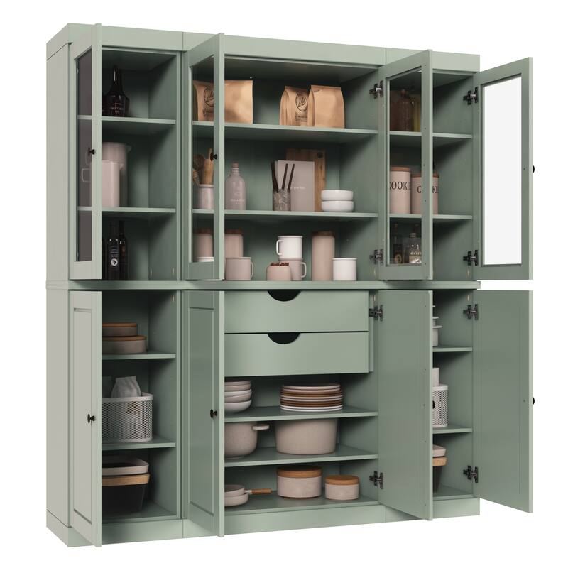 Palace Imports 100% Solid Wood Pantry China Cabinet, Raised Panel & Clear Glass Doors, 2 Drawers, 65" Wide, 71.5" Tall