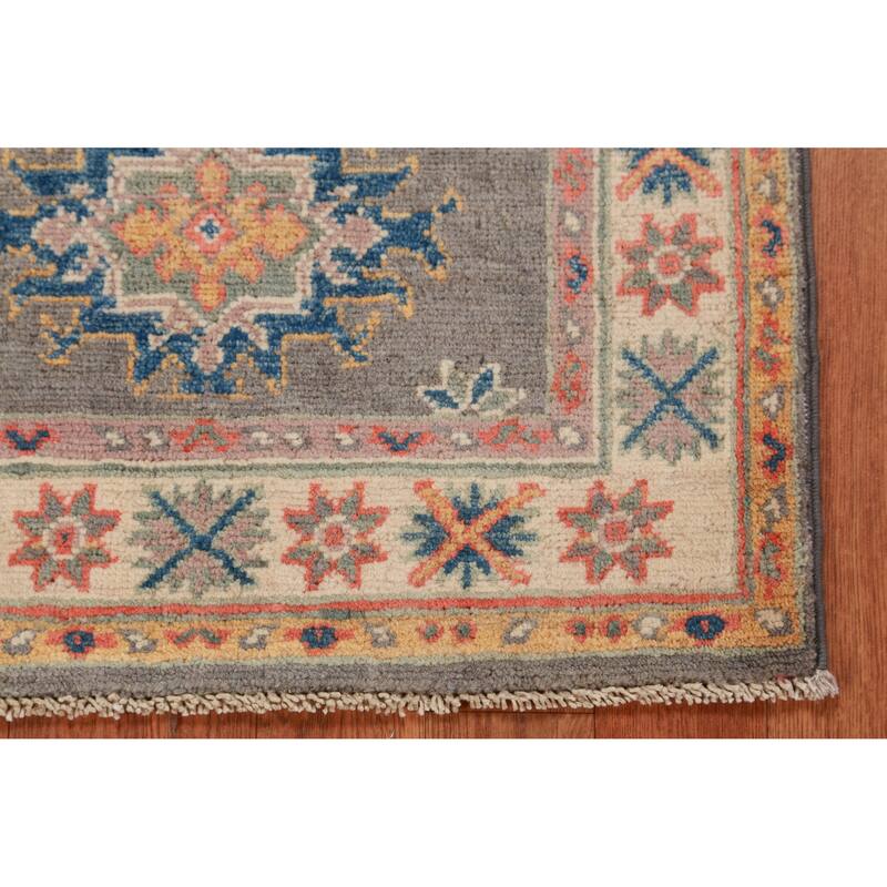 Geometric Kazak Foyer Rug Hand-Knotted Oriental Grey Wool Carpet - 2'0"x 3'0"