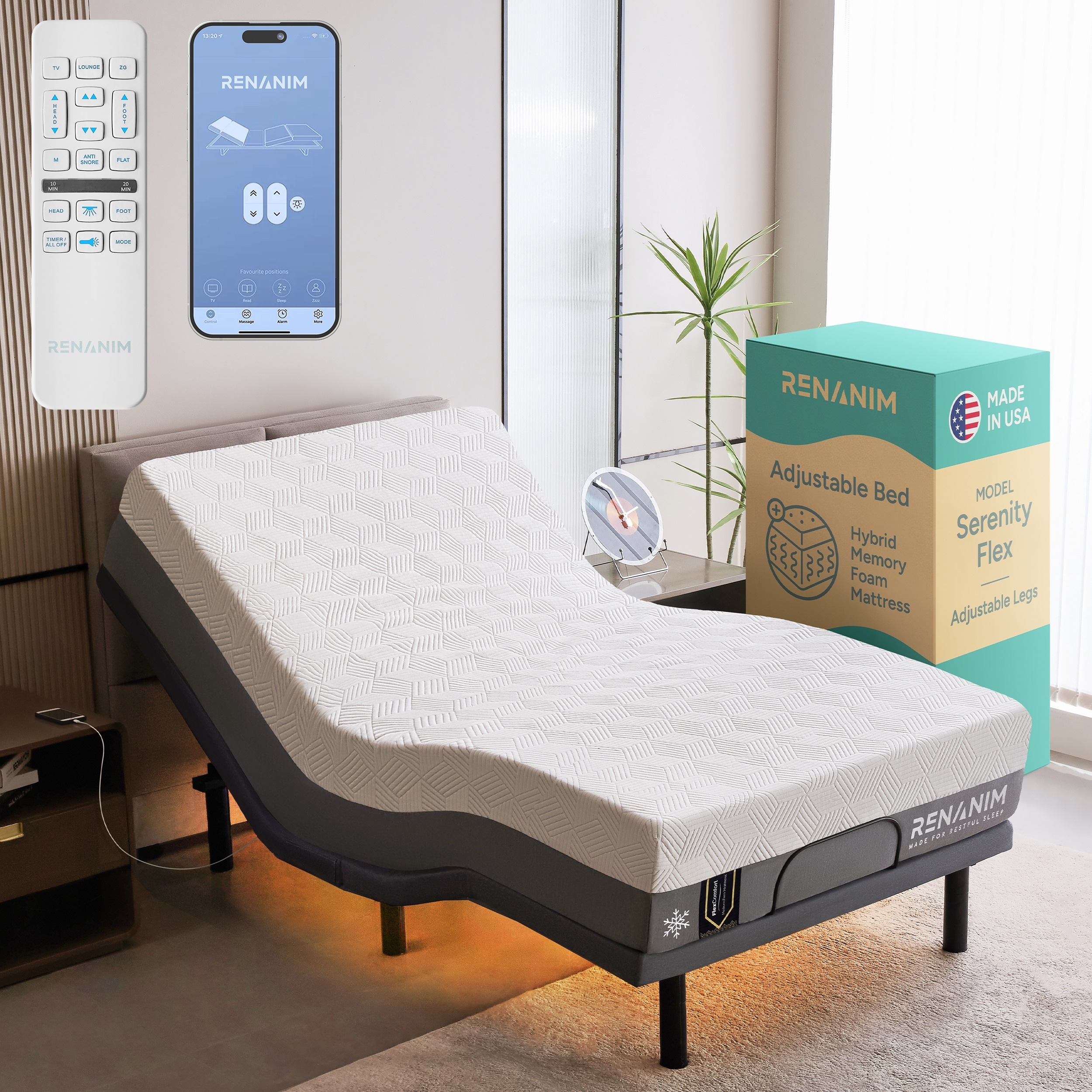 Renanim SF Adjustable Base w/ 12" Hybrid Mattress, Massage, USB, Underbed Light, App, Head & Foot Incline