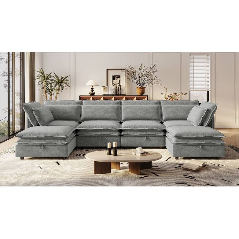 124" U-Shaped Modular Sectional Sofa with Storage & Bed