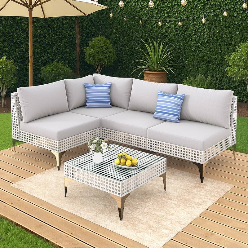 FINCATI Luxury Modern Patio Furniture Set with Side Table, Outdoor Wicker Conversation Set with 500 lbs Oversized Seats - 5 PCS-Light Grey-B