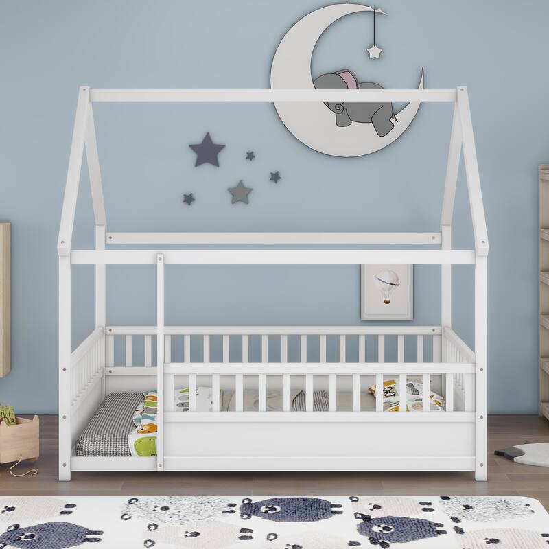 Twin/Full Size Floor Bed Wooden House-shaped Bed Frame with Fence Guardrails & Roof, Twin/Full Size Bed for Kids Boys Girls - White - Full