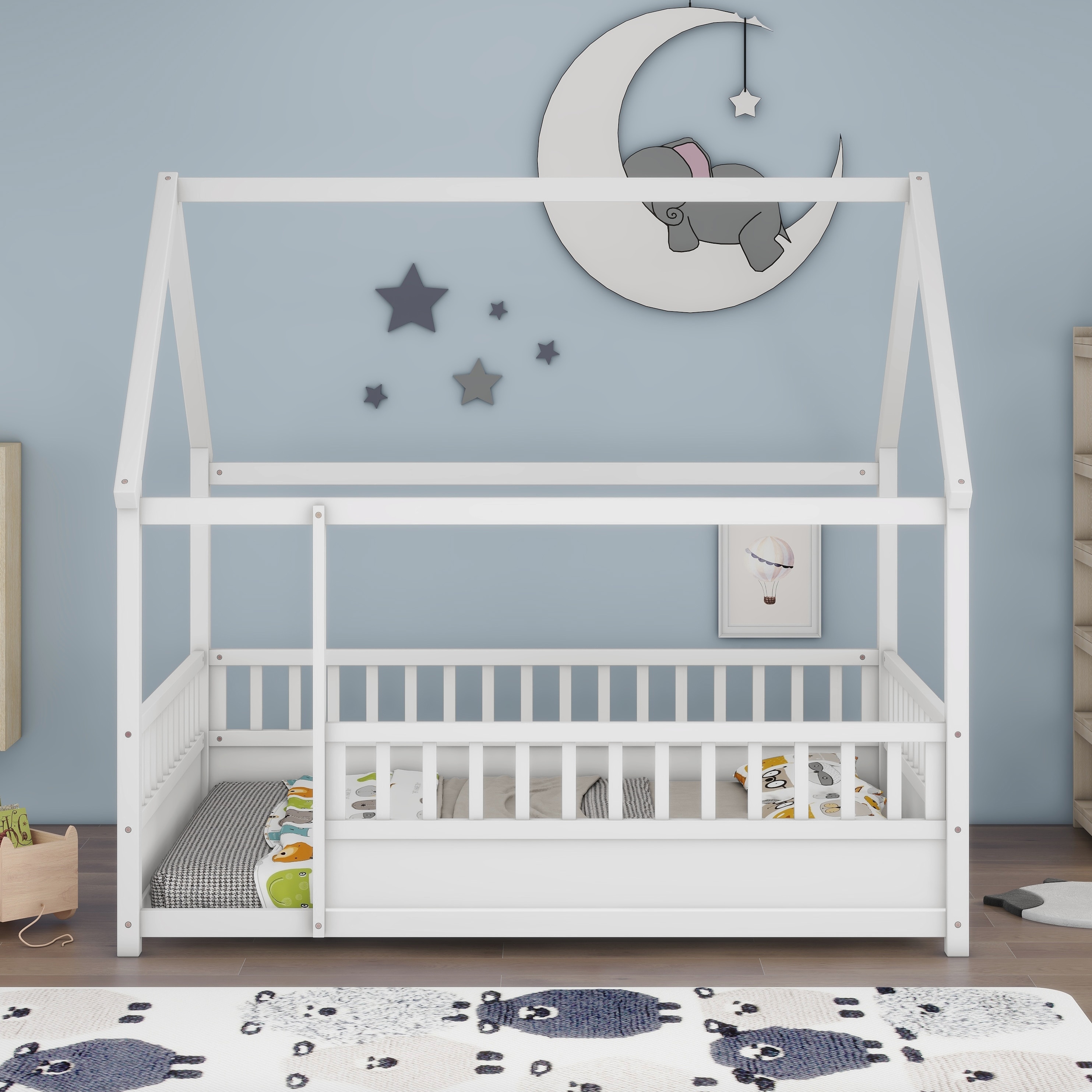 Unique Wooden Bed with House Roof Frame and Fence Guardrails for Children's Bedrooms, Guest Rooms, Pine Construction