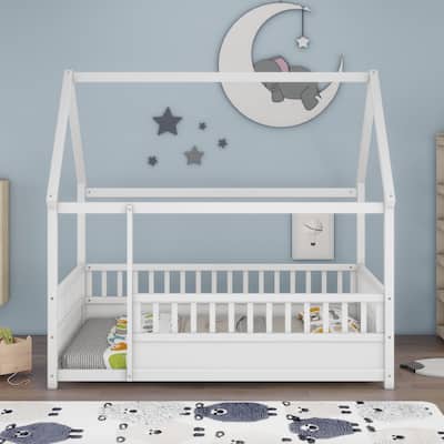 White Full Size Pine Wood Floor Bed with House Roof Frame, Fence Guardrails for Kids, Boys and Girls