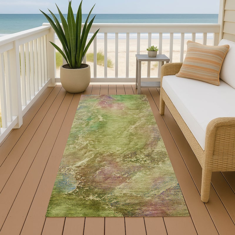 Machine Washable Indoor/ Outdoor Abstract Watercolor Chantille Rug - Green - 2'3" x 7'6"