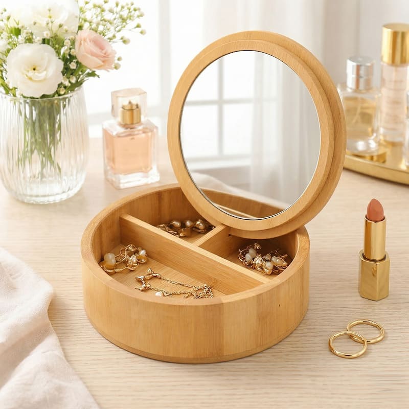 Round Bamboo Box with Mirror Lid - Natural - 5.25 L x 5.25 W x 1.5 H - Natural