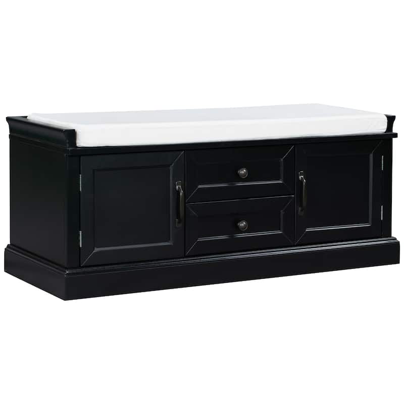 Storage Bench with 2 Drawers and 2 Cabinets, Shoe Bench Entryway Bench with Removable Cushion for Living Room, Entryway