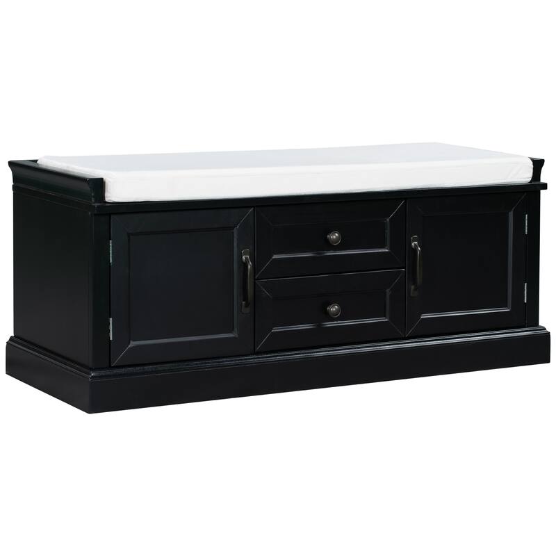 Storage Shoes Bench with 2 Drawers, 2 Cabinets and Removable Cushion