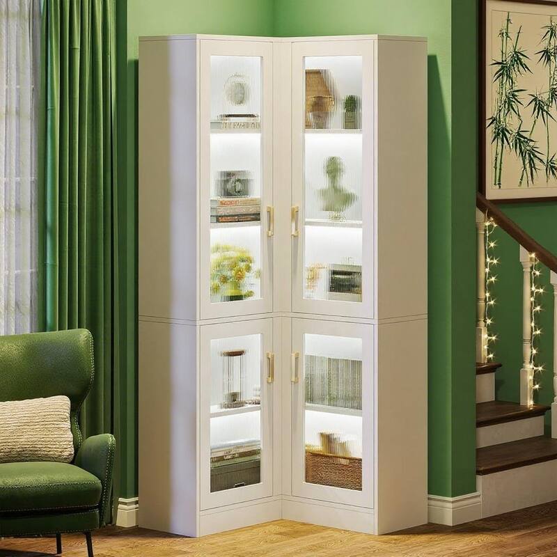 White L-Shaped LED Display Cabinet with 5 Adjustable Shelves Gold Handles for Living Room Bedroom Office - 30.12" x 70.87"