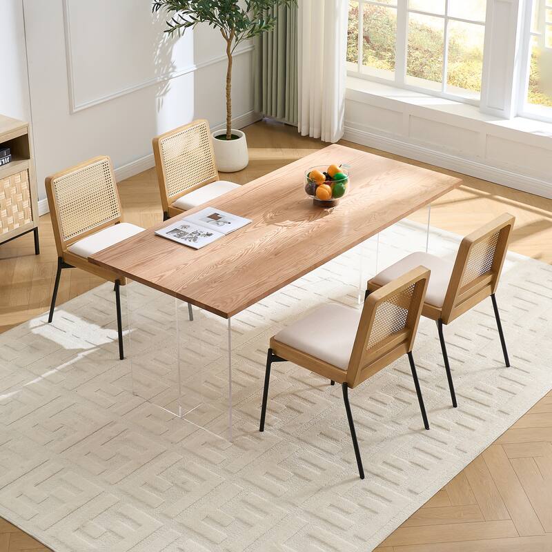 Dining Chairs Set of 2, Accent Linen Fabric Side Chairs with Rattan Backrest Metal Legs Kitchen Chairs for Dining Room