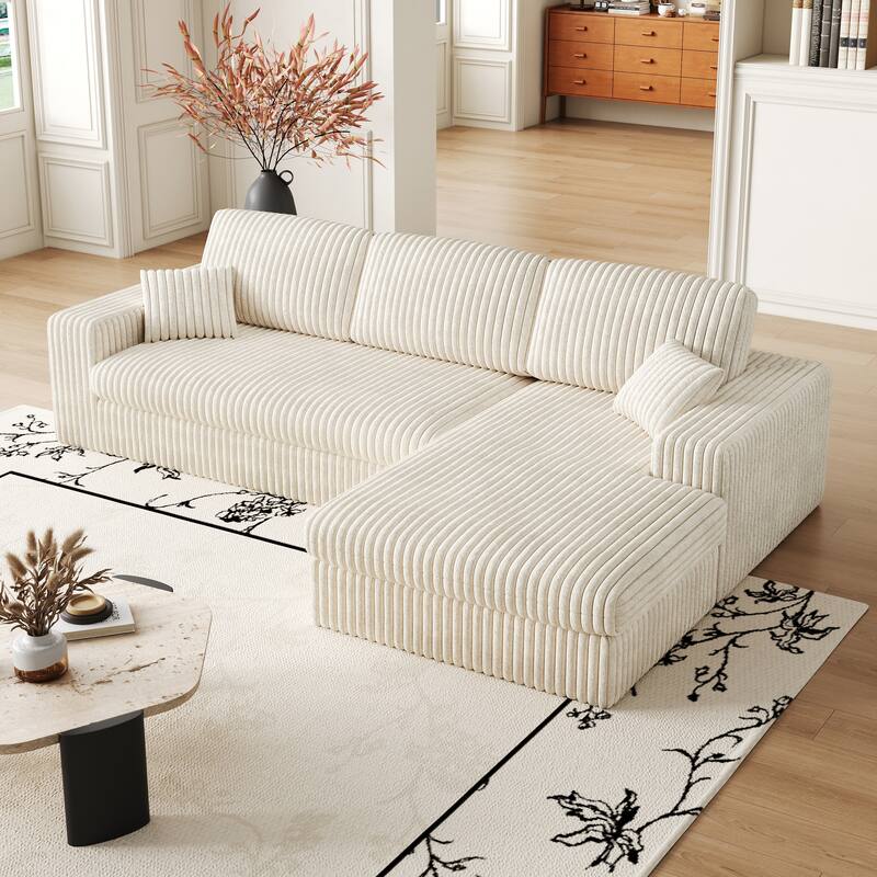 L-Shaped Sectional Sofa with Chaise Lounge, Corduroy Modular Foam Sofa, Upholstered Sofa with 2 Cushion & 2 Throw Pillows