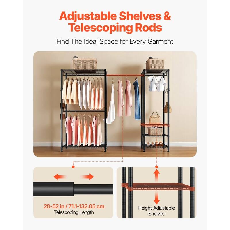 Black Adjustable Garment Rack with 6 Storage Shelves and Telescopic Rods for Clothing and Bags - 96.06” x 14.96” x 71”