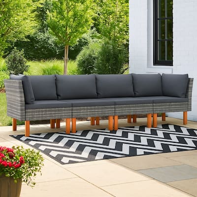 Reem 4pc Modular Sofa Set, Dark Gray Woven Poly Rattan and Cushions