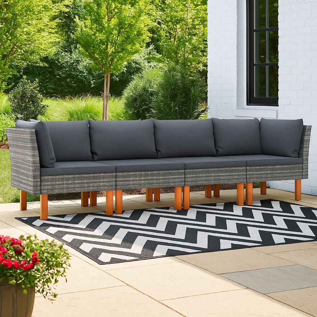 Reem 4pc Modular Sofa Set, Dark Gray Woven Poly Rattan and Cushions