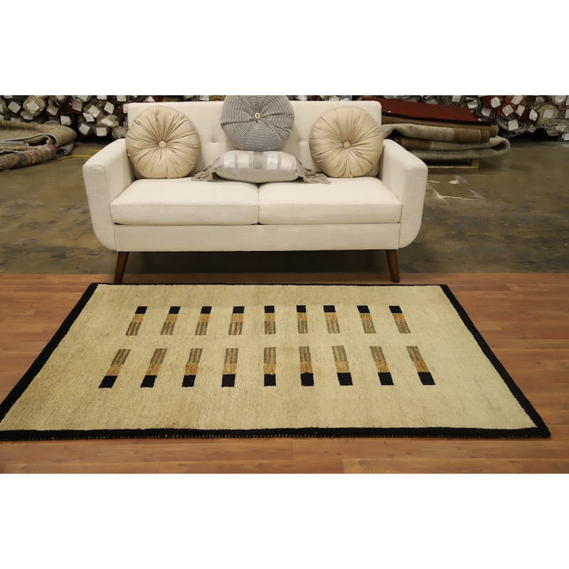 Hand Knotted Oriental 100% Wool Carpet Modern Geometric Beige & Ivories Gabbeh Area Rug - 5' 11'' X 4' 0''