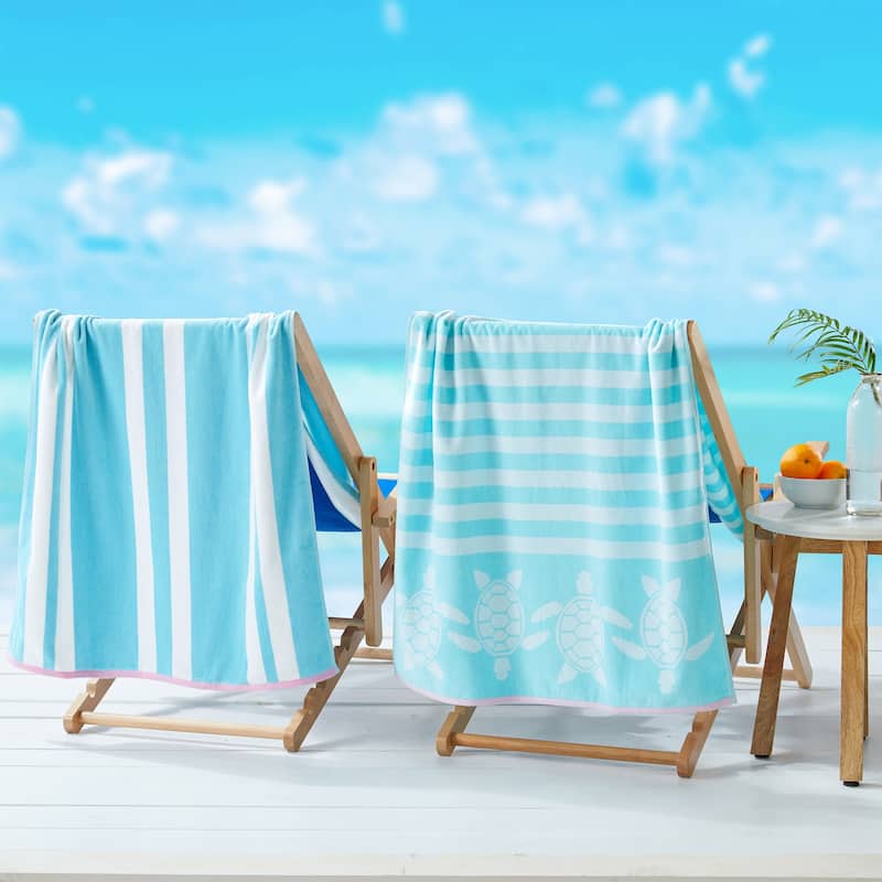 Linery & Co. 100% Cotton Jacquard 2 Pack Summer Beach Towels - 2 Pack- 30" x 60" - Seafoam Turtle & Stripes