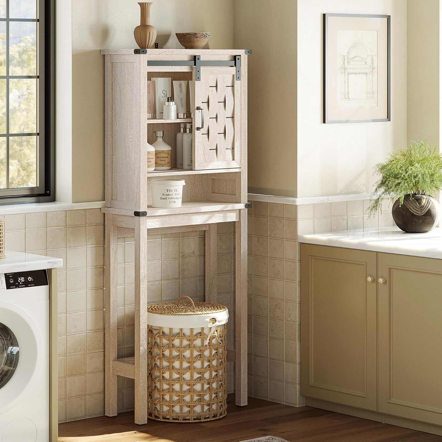 Farmhouse Sliding Door Wall Cabinet Wood Storage Organizer Light Brown