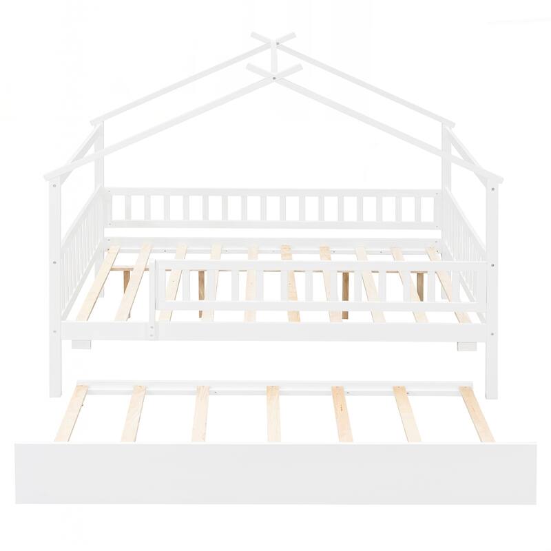 Full Size Wooden House Bed with Twin Size Trundle