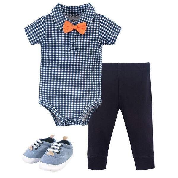 slide 1 of 1, Little Treasure Baby Boy Cotton Bodysuit, Pant and Shoe 3pc Set, Checkered Collar 0-3 Months - Checkered Collar