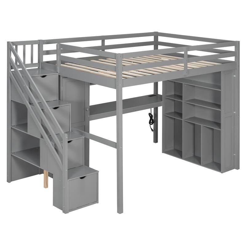 Full Loft Bed with Built-In Wardrobe & Study Desk - Space-Saving Frame with LED Lights & Shelves