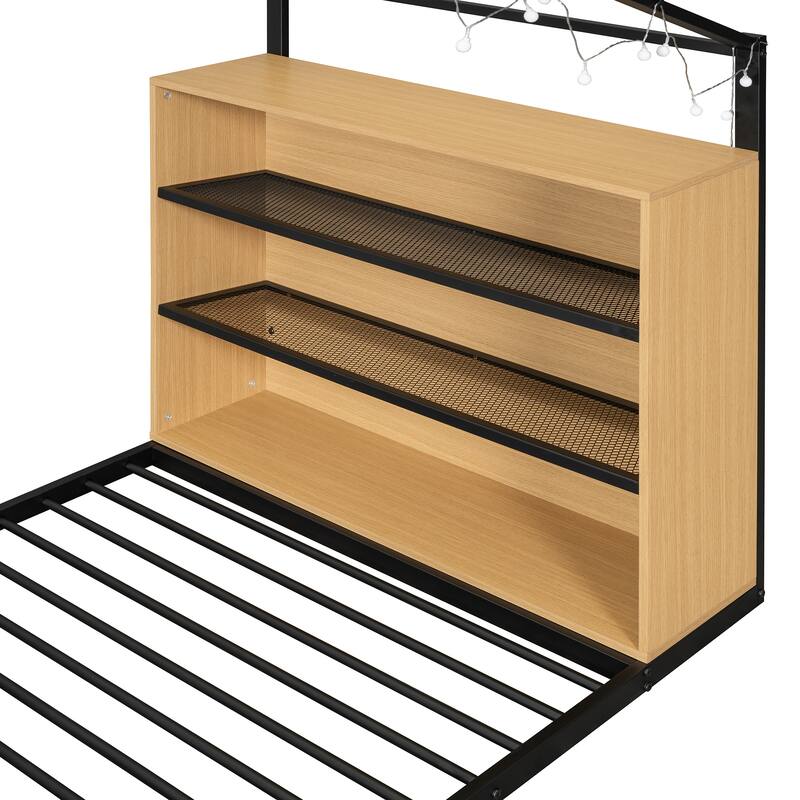Full Size House Bed Frame with Metal Slats, Built-in Shelves, and LED Lights, Fun Playhouse Design for Kids