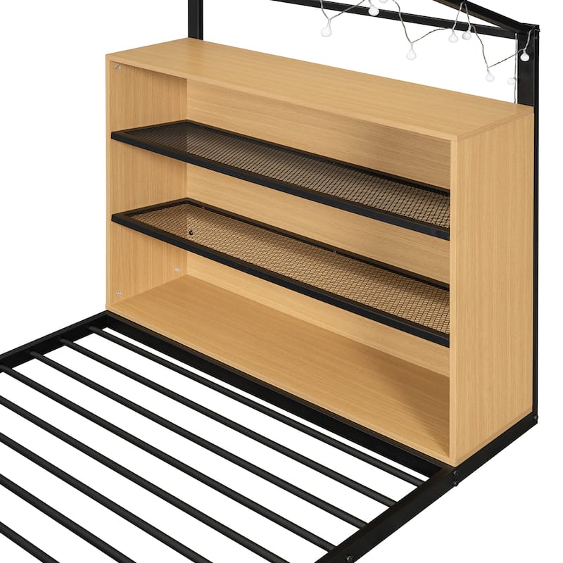 Twin Size Metal Bed House Bed Frame with Shelves and Lights, Black