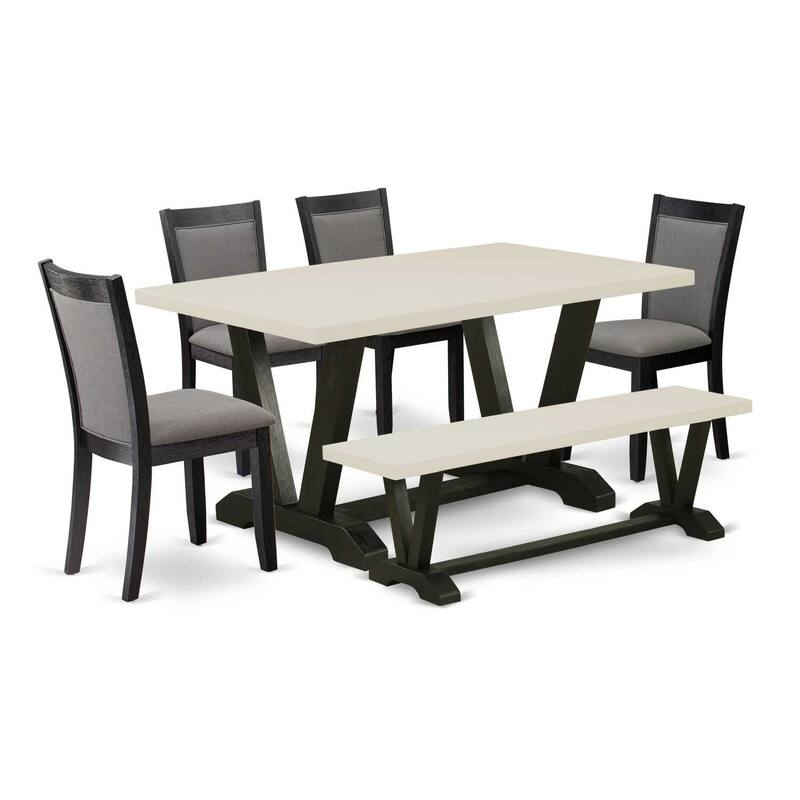 HomeStock 6-Piece Rectangle Natural Oak Finish Solid Wood Top Dining Table with 1-Bench, 4 Upholstered-Chairs