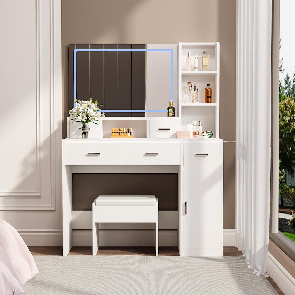 White dressing table with LED 3-color illuminated mirror and power outlet, dressing table with drawers, storage box and shelf