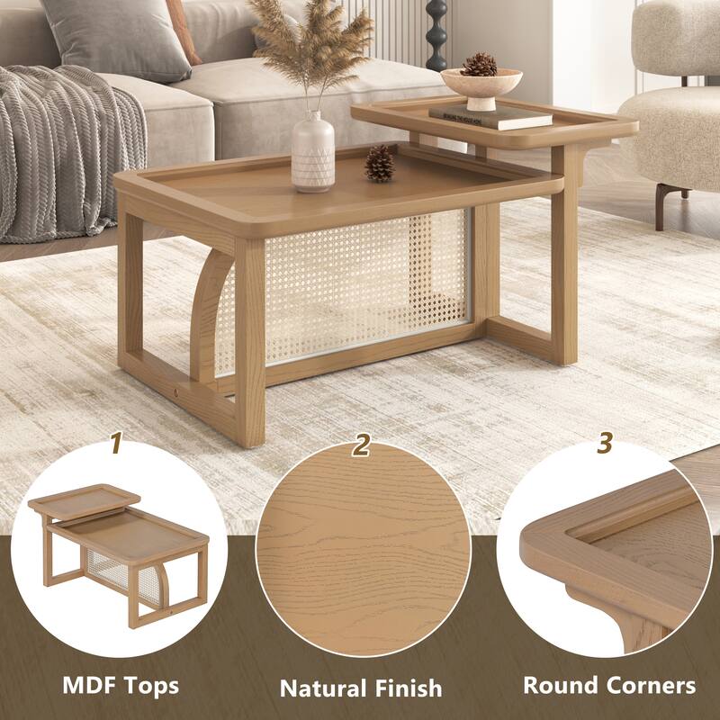 Modern 2-Piece Nesting Coffee Table Set with Rattan and MDF in Natural Finish – Versatile Living Room Storage