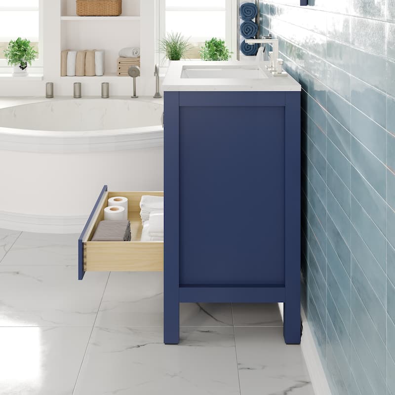 Eviva Aberdeen 24"W x 22"D Blue Bathroom Vanity with Carrara Quartz Countertop and Undermount Porcelain Sink