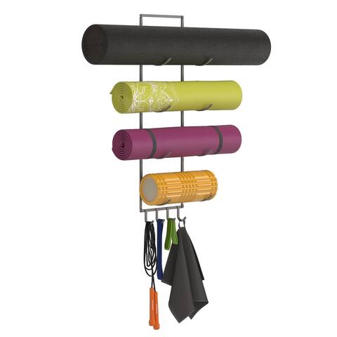 Wallniture Tulum Yoga Mat Holder Wall Mount Foam Roller Storage Rack 4 Sectional, Metal, Gray