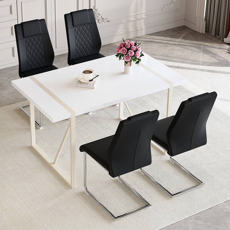 5-Piece Rectangular Dining Table Set, Modern 55" Cream Table with 4 Faux Leather Chairs for Kitchen Home Office and Lounge Area