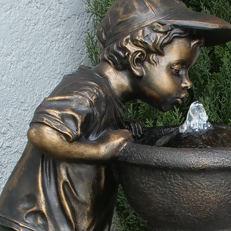 Alpine Corporation Outdoor Floor Joyful Boy and Girl Drinking Water Fountain, Playful Garden Waterfall with LED Lights