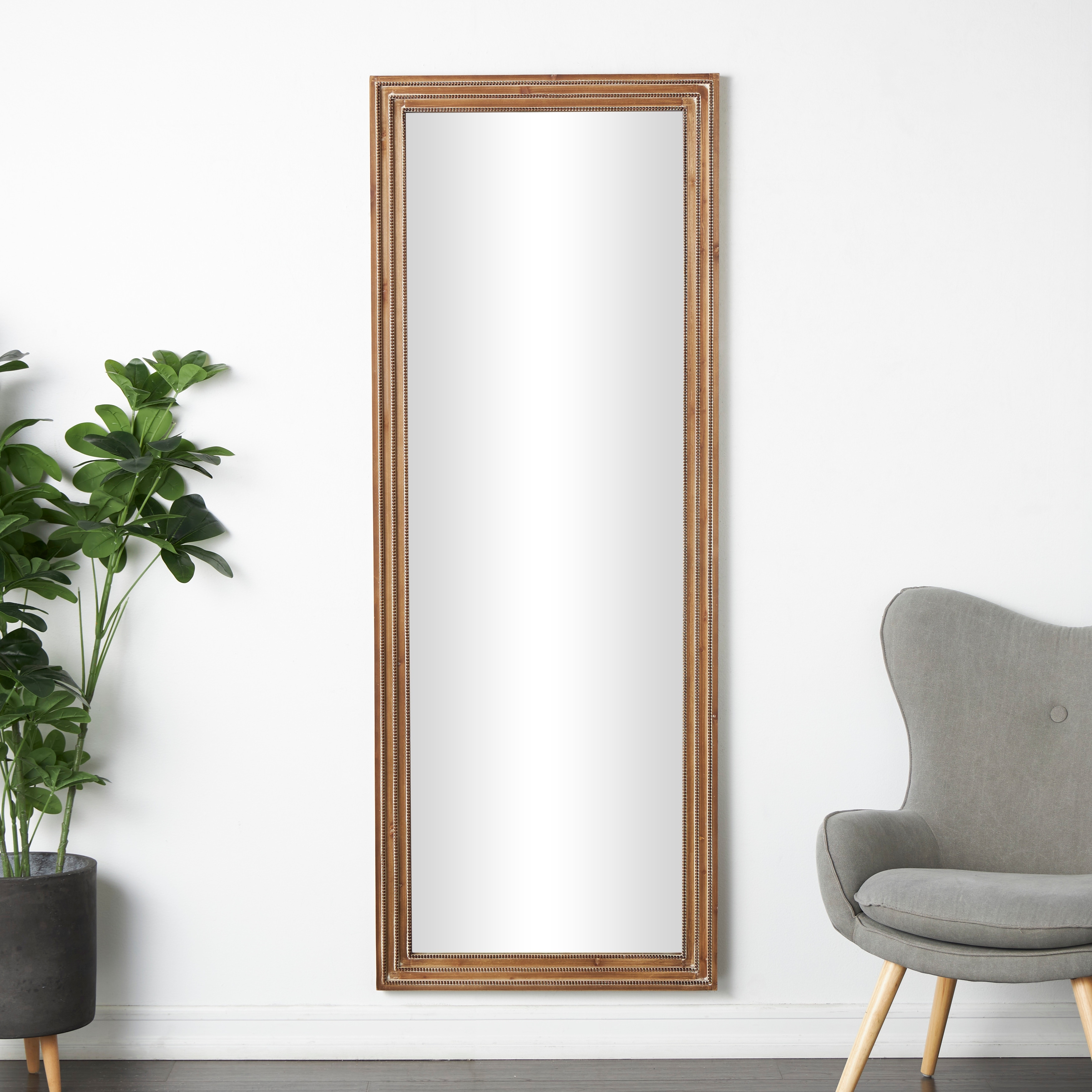 Brown Wooden Tall Room Wall Mirror with Layered Beaded Frame