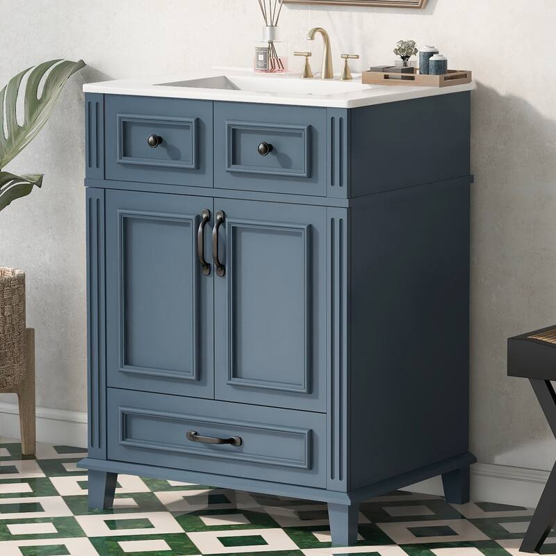 24" Bathroom Vanity with Ceramic Sink,Solid Wood Frame Bathroom Storage Cabinet with Soft Closing Doors,Retro Style