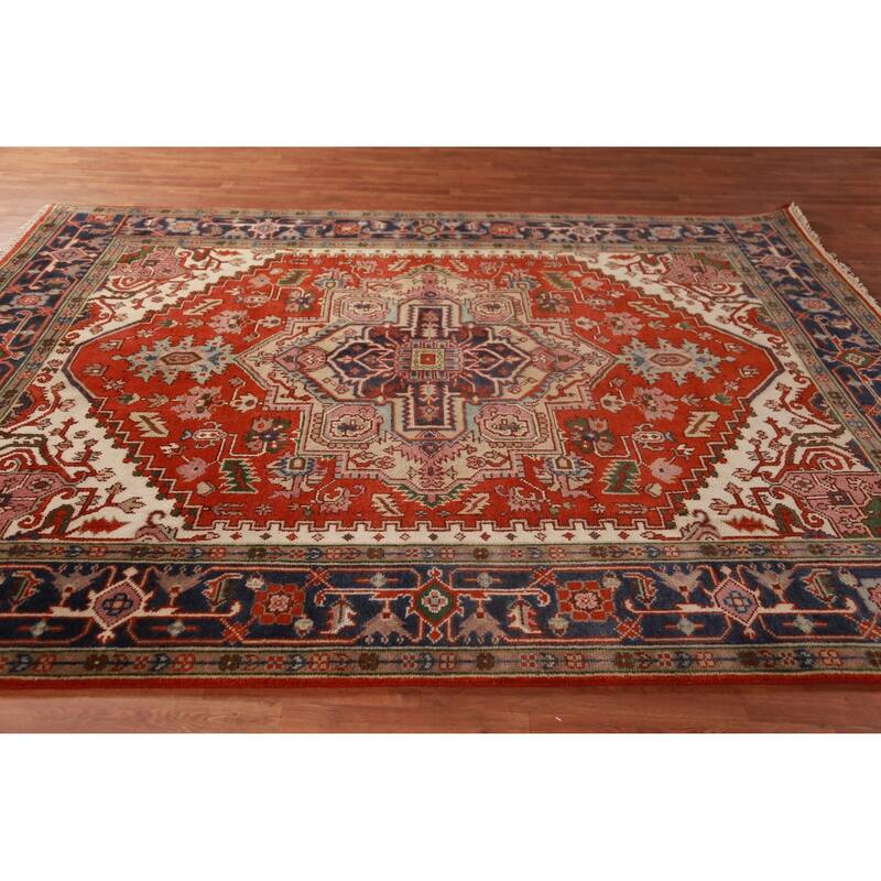 Hand Knotted Oriental 100% Wool Carpet Traditional Medallion Oranges & Rust Heriz (serapi) Area Rug - 9' 10'' X 8' 0''
