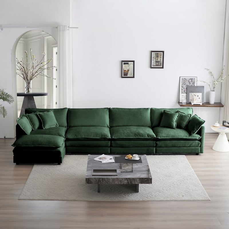 Green 5-Seater Chenille L-Shaped Sectional Sofa with Ottoman