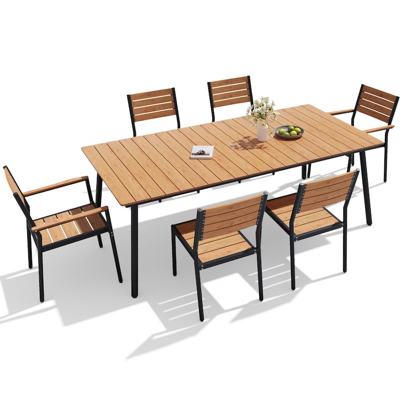 VredHom 7/9-Piece Outdoor Patio Aluminum Dining Table with Stackable Chairs Umbrella Hole - 82.7in-Brown-7PC