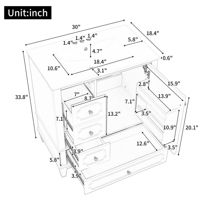 30" Bathroom Vanity with Sink, Ceramic Basin 3 Drawers Soft Close