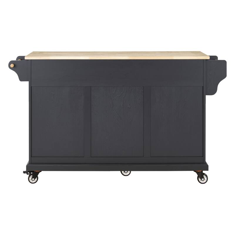 Kitchen Island with Rubber Wood Top, Portable Island Cart on Wheels, Rolling Cart with 2 Drawers & Adjustable Shelves