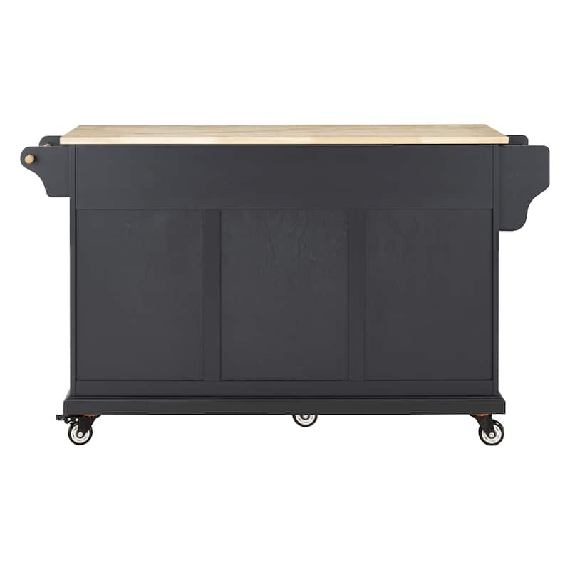 Rolling Kitchen Cart with Rubber Wood Top, 2 Large Drawers & Adjustable Shelves - Mobile Island on 5 Casters, Black