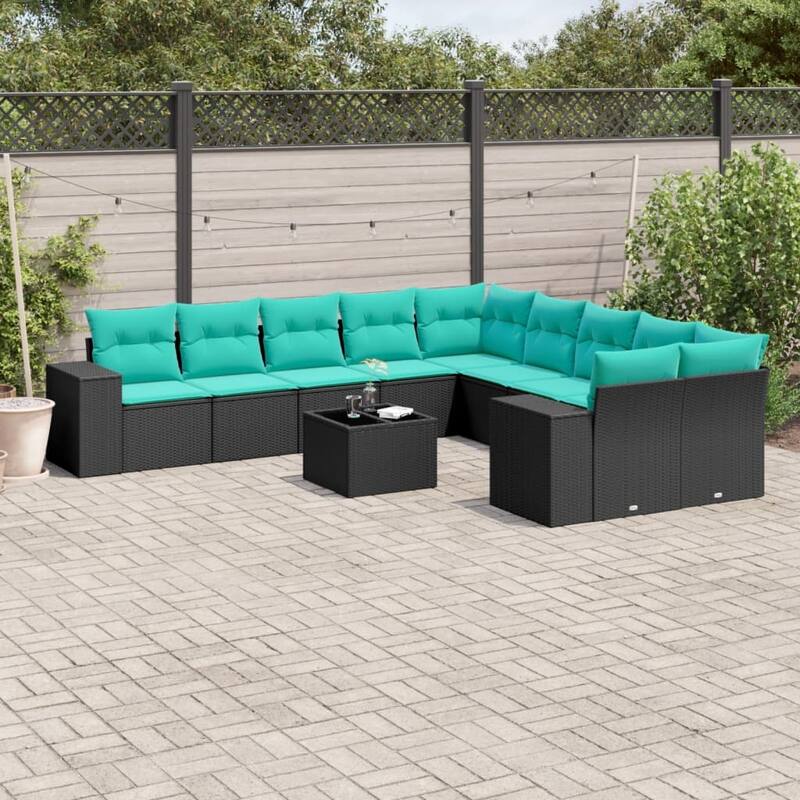vidaXL 10/11 Piece Patio Sofa Set with Cushions Black/Brown/Gray Poly Rattan - 24.4 x 24.4 x 27.2 - Black and blue With table
