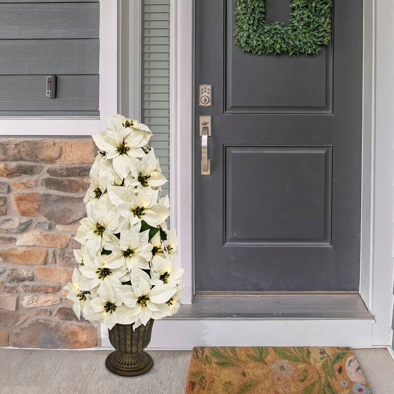 Puleo International 36" Pre-Lit Battery-Operated Artificial Potted White Poinsettias - White/Green