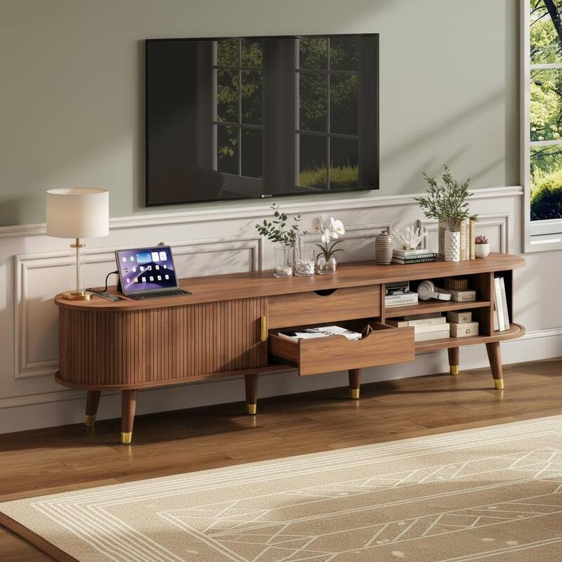 Mid-Century Oval TV Stand with Sliding Fluted Doors & Charging Station by Harper&Bright Designs - Walnut