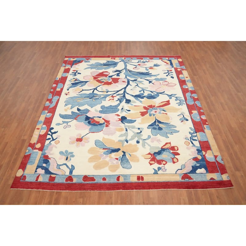 Hand Knotted Oriental 100% Wool Carpet Transitional Floral Beige & Ivories Oushak Area Rug - 9' 8'' X 8' 6''