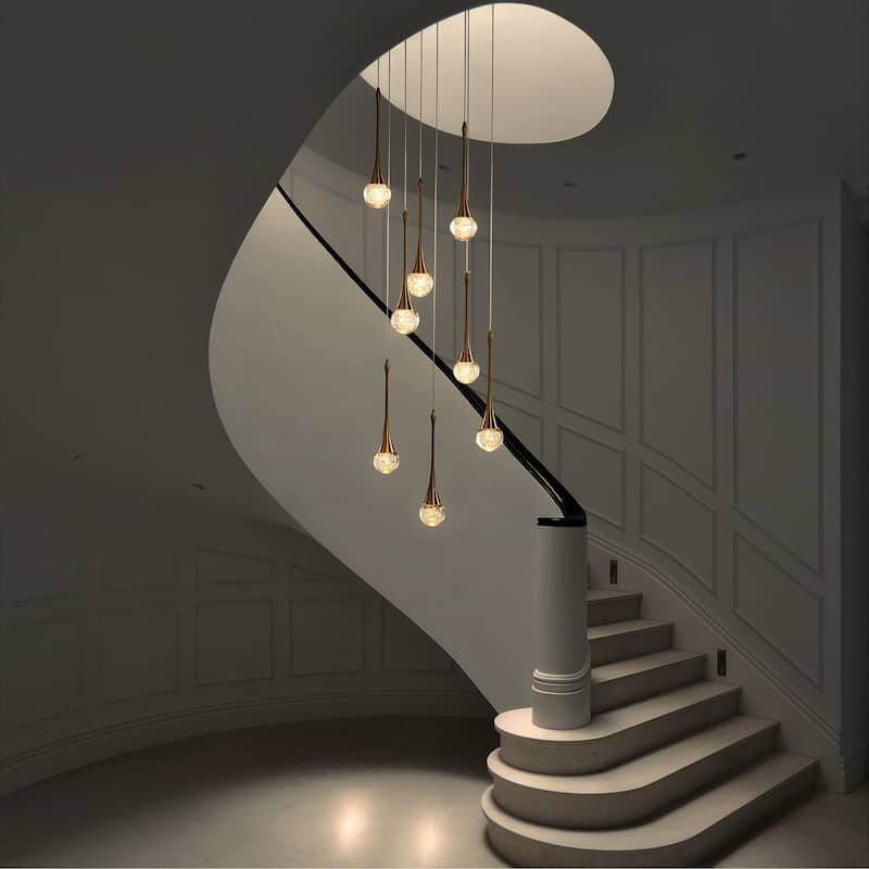 18'' 8-Light Modern Seeded Glass Cluster Integrated LED Teardrop Staircase Chandelier Minimalist Entryway LED Pendant Light